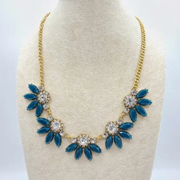 J Crew Teal Resin Clear Crystal Statement Necklace NEW!  NWOT! - Picture 7 of 9
